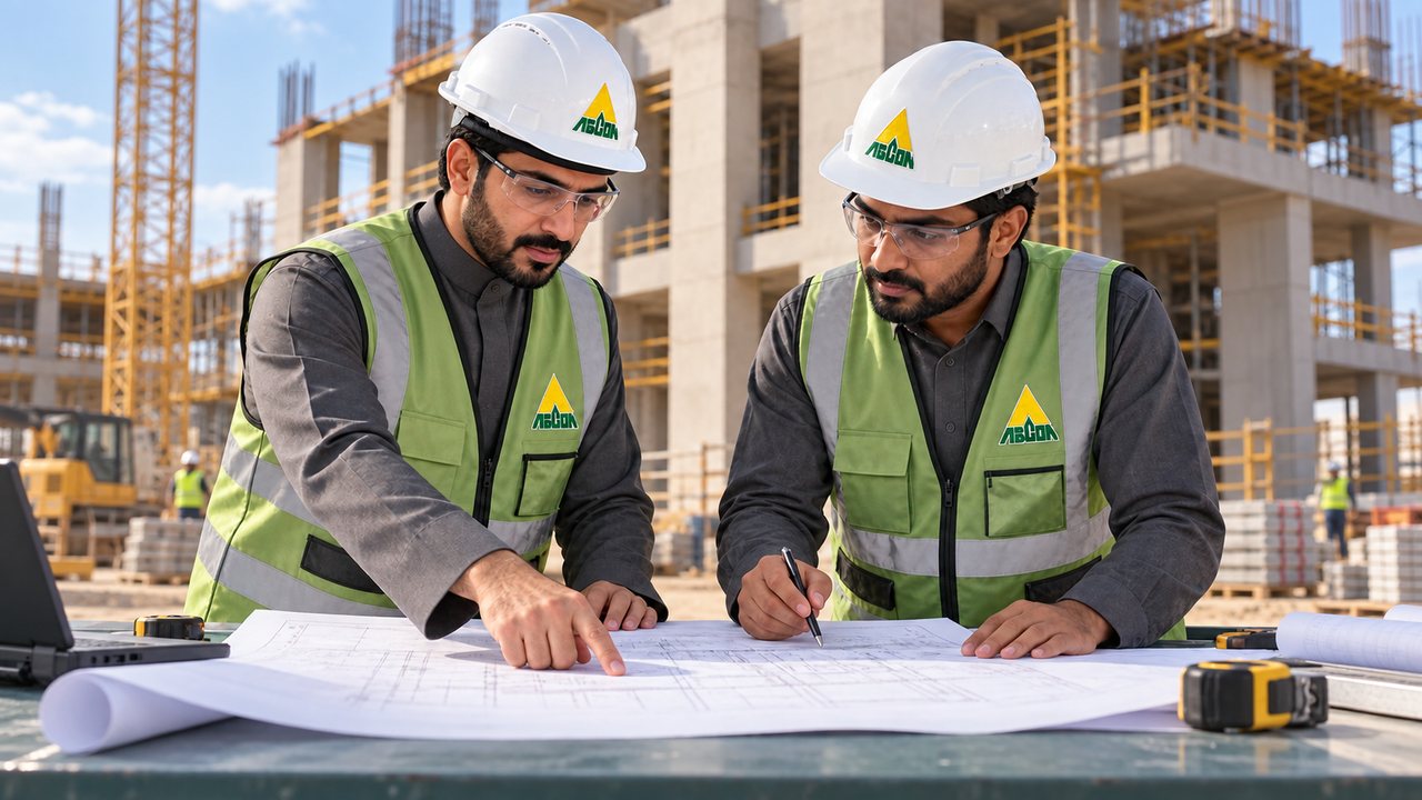 مهندسان يراجعان مخططات الإنشاء في موقع عمل