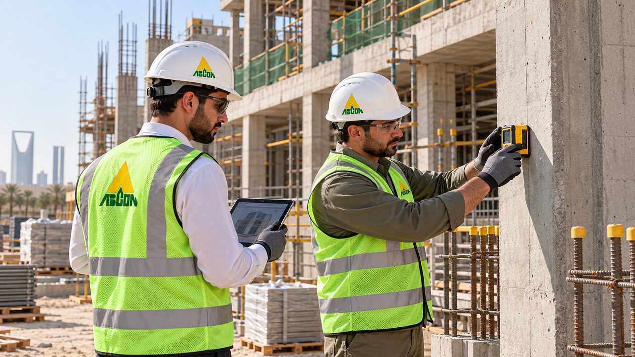 مهندسان يفحصان أعمال الخرسانة في موقع إنشاء