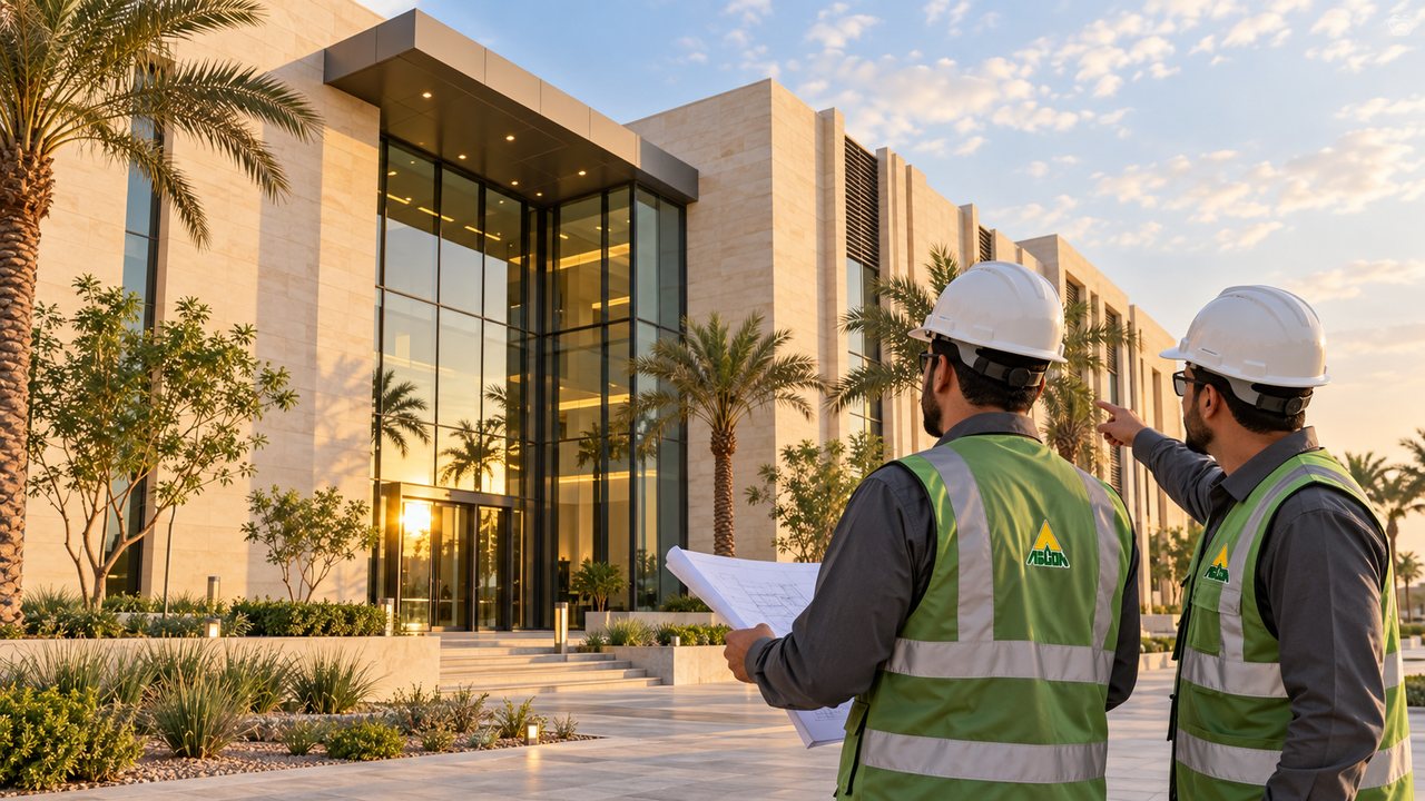 مهندسان يراجعان المخططات أمام مبنى حديث